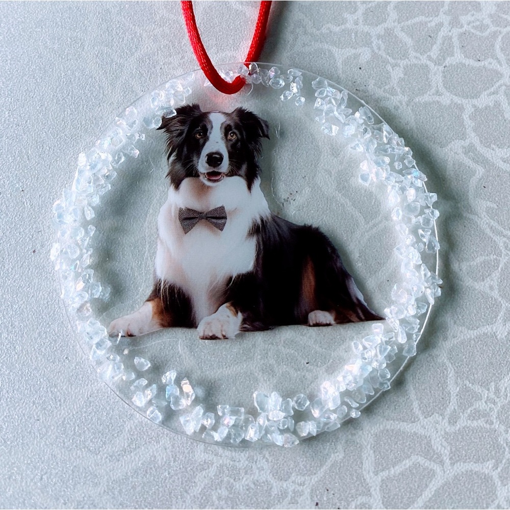 Boarder Collie Dog Ornament or car mirror dangle with Red Cord